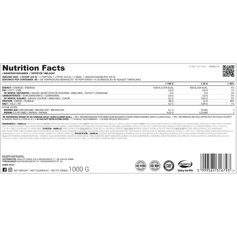 Nutriversum ISO PRO Pure – Vanilla(1000g / 40 Servings)