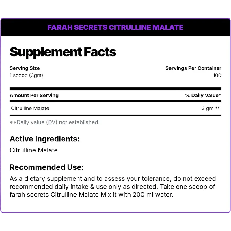 Farah Secrets Citrulline Malate – Pure Pump & Endurance, Unflavored (300g / 100 Servings)