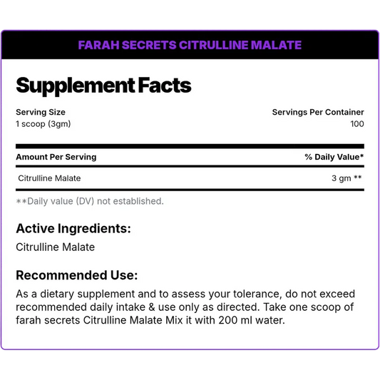 Farah Secrets Citrulline Malate – Pure Pump & Endurance, Unflavored (300g / 100 Servings)