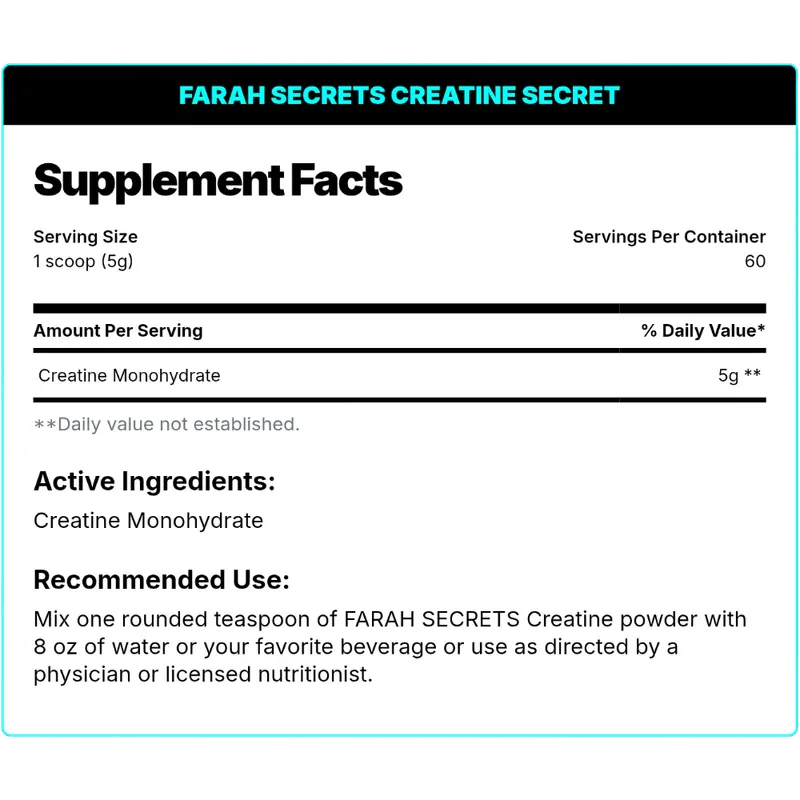 Farah Secrets Creatine Secret – 5g Pure Creatine, Unflavored (300g / 60 Servings)