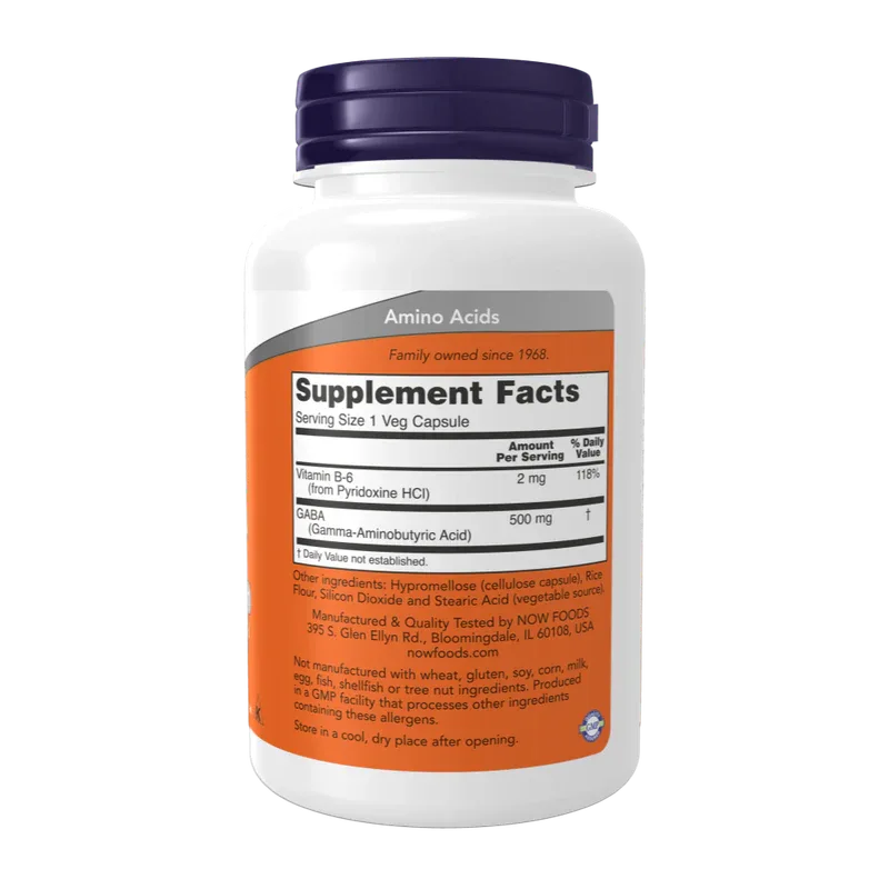 NOW Foods GABA 500mg + Vitamin B-6 – Neurotransmitter Support | Vegan | 100 Veg Capsules