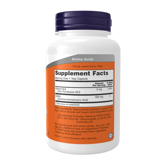 NOW Foods GABA 500mg + Vitamin B-6 – Neurotransmitter Support | Vegan | 100 Veg Capsules
