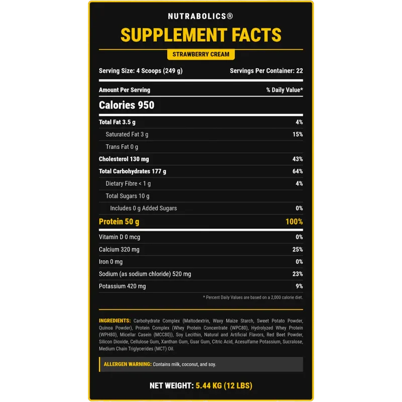 Nutrabolics Mass Fusion Hardcore Mass-Building Gainer – Strawberry Cream (12lbs / 5.44kg)