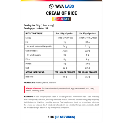Yava Labs, Cream of Rice, 1kg, 33 Servings