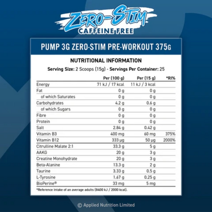 Applied Nutrition, PUMP 3G Zero Stim, 375G, 25 Servings