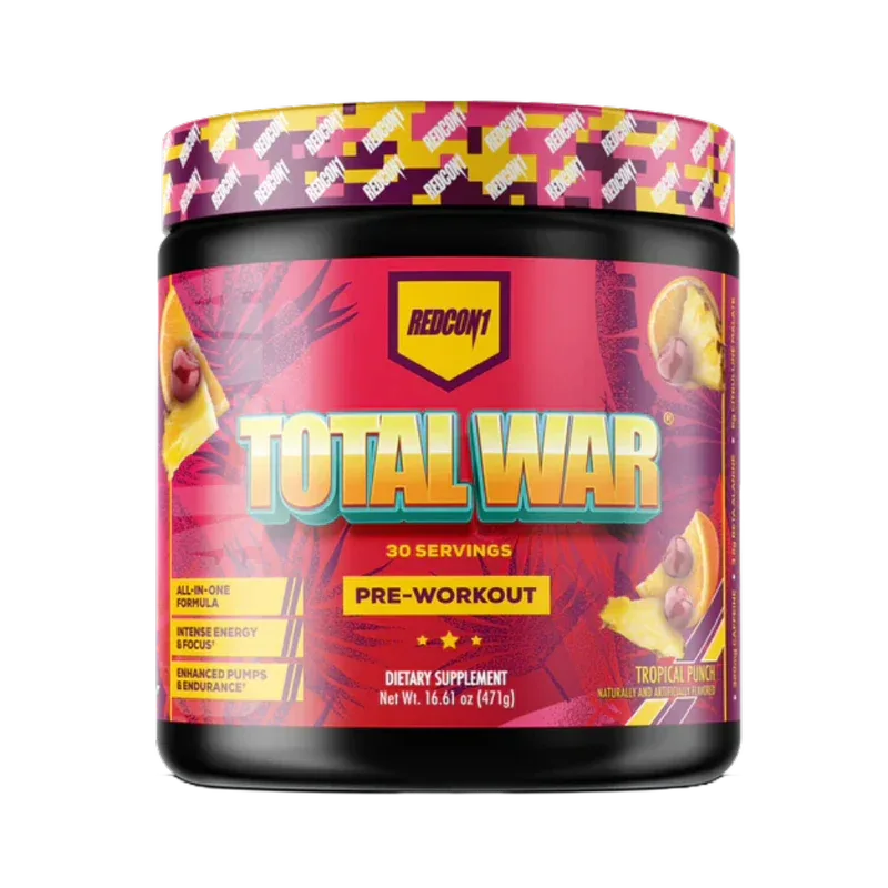 Redcon1 Total War Pre-Workout – All-in-One Formula, Intense Energy & Focus, Tropical Punch (471g / 30 Servings)