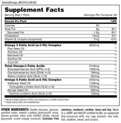 Animal Advanced Omega – Omega-3 & EFAs | 30 Day Supply | 30 Pill Packs