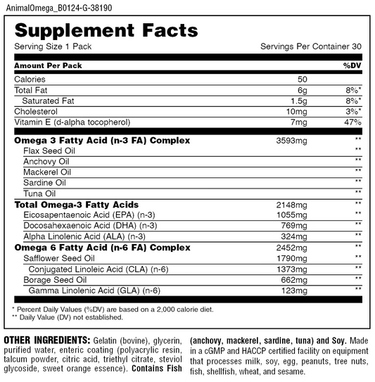 Animal Advanced Omega – Omega-3 & EFAs | 30 Day Supply | 30 Pill Packs