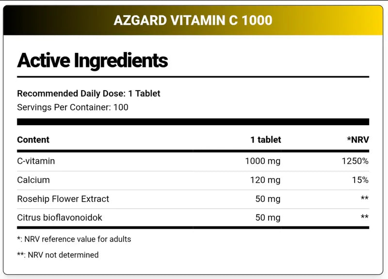 Azgard Nutrition Vitamin C 1000mg + Calcium + Rose Hips + Bioflavonoids | 100 Tablets
