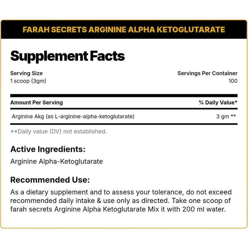 Farah Secrets Arginine Alpha Ketoglutarate (AAKG) – Nitric Oxide & Pump Support, Unflavored (300g / 100 Servings)