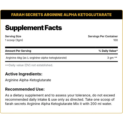 Farah Secrets Arginine Alpha Ketoglutarate (AAKG) – Nitric Oxide & Pump Support, Unflavored (300g / 100 Servings)