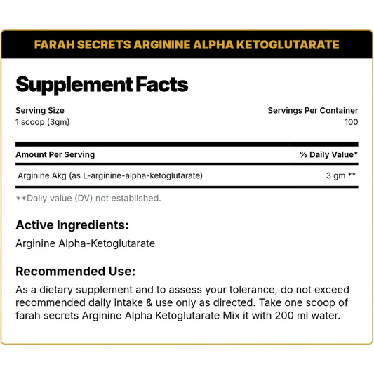 Farah Secrets Arginine Alpha Ketoglutarate (AAKG) – Nitric Oxide & Pump Support, Unflavored (300g / 100 Servings)