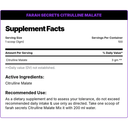 Farah Secrets Citrulline Malate – Pure Pump & Endurance, Unflavored (300g / 100 Servings)