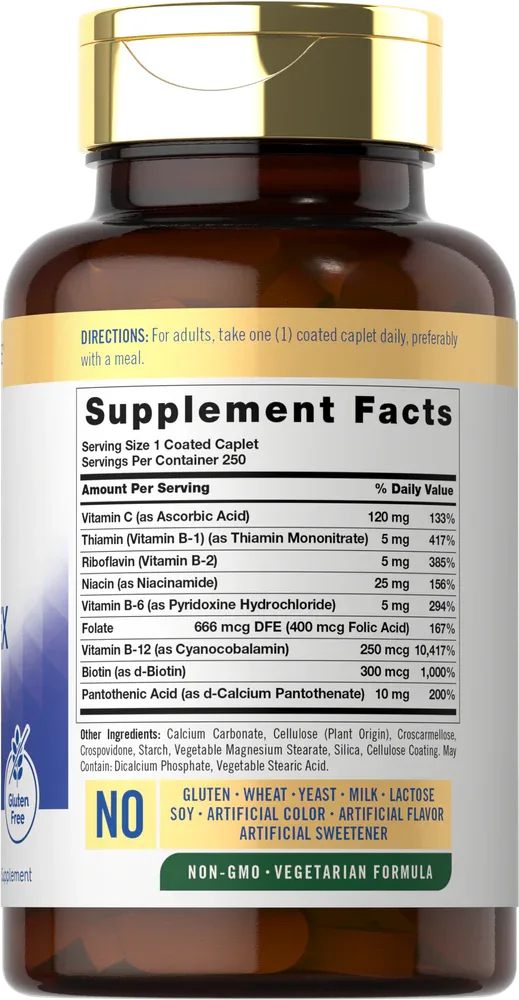 Carlyle Supreme B Complex with Vitamin C | Gluten Free | 250 Coated Caplets
