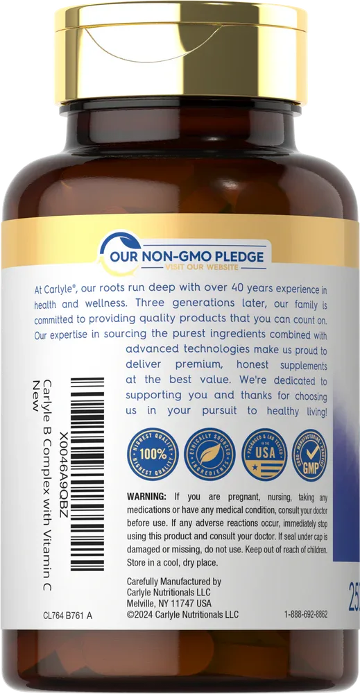 Carlyle Supreme B Complex with Vitamin C | Gluten Free | 250 Coated Caplets