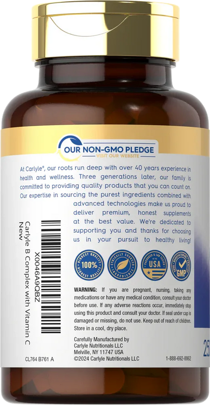Carlyle Supreme B Complex with Vitamin C | Gluten Free | 250 Coated Caplets